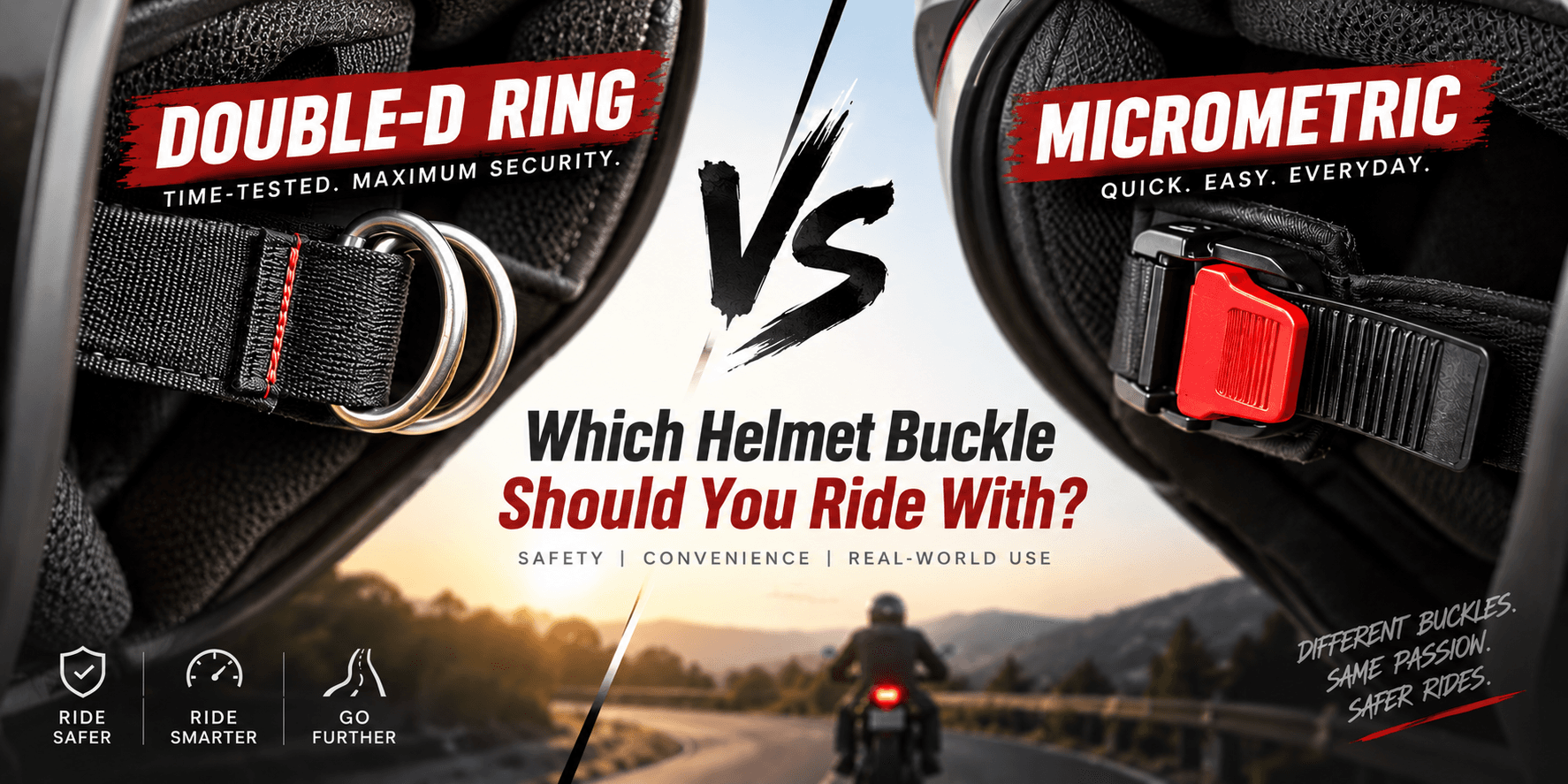 Close-ups of a double-D ring helmet buckle and a red-tab micrometric buckle side by side, with a rider on an open road between them.